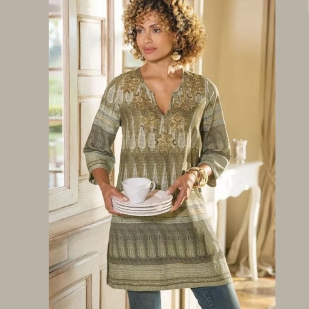 Soft Surroundings Women's Boho Green Olive 3/4 Sleeve Beaded
Pampas Tunic Sz PL